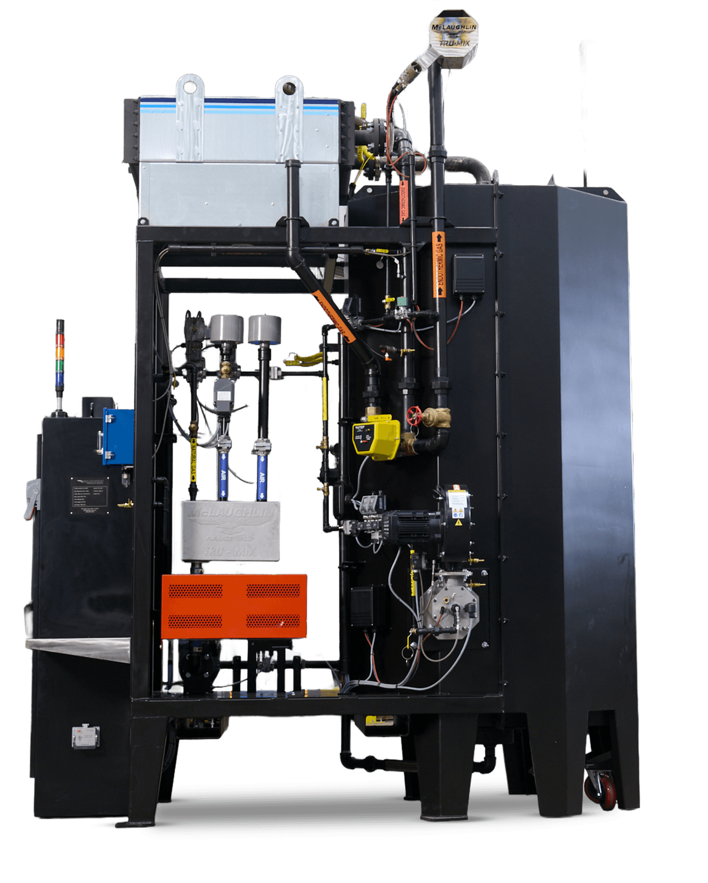 A black-framed McLaughlin Furnace Group Tru-Mix endothermic gas generator skid, its blue and yellow gas piping, orange heat exchanger and control cabinet exposed at the front