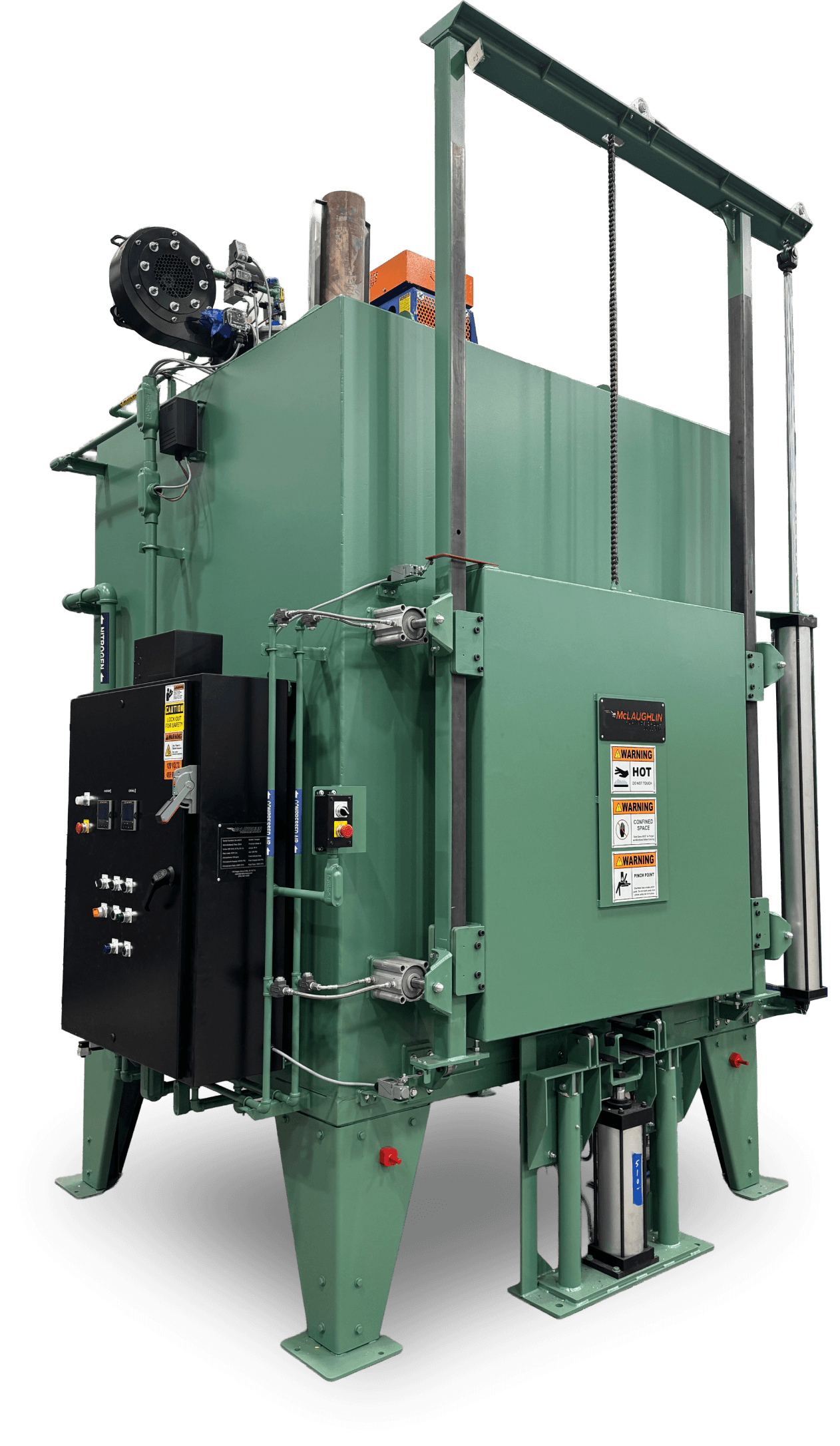 A green McLaughlin Furnace Group Tru-Temp temper furnace with its black control cabinet and overhead door lift frame